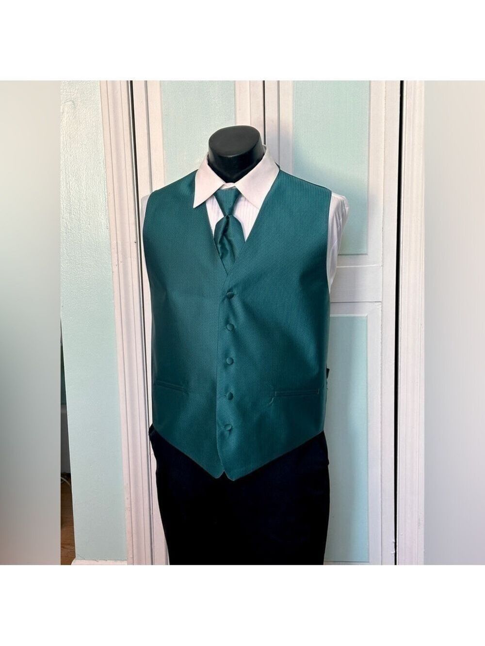 Teal Herringbone Closed Back Vest Wedding Prom Men’s Tuxedo L Large with tie